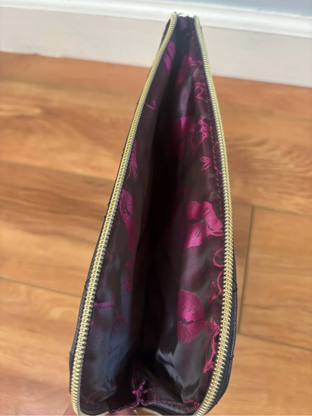 Betsey Johnson Quilted Black Cosmetic Pouch with Gold Trim